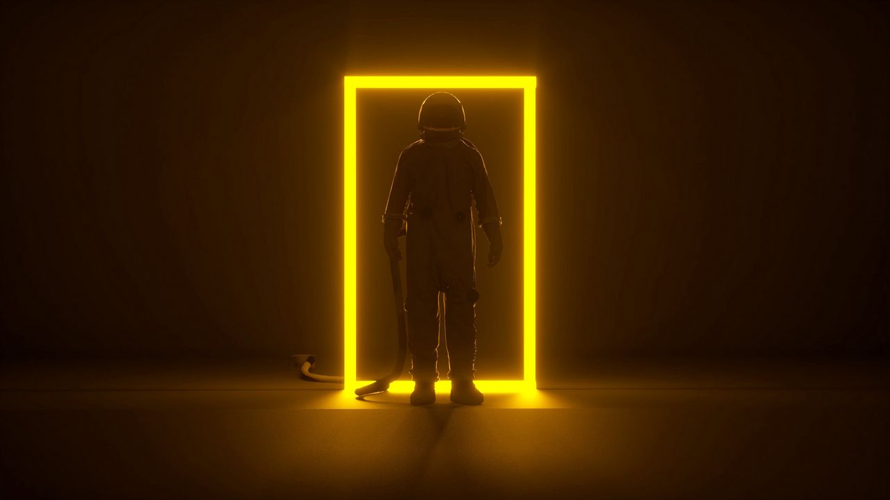 Wallpaper astronaut, portal, neon, frame, glow, dark