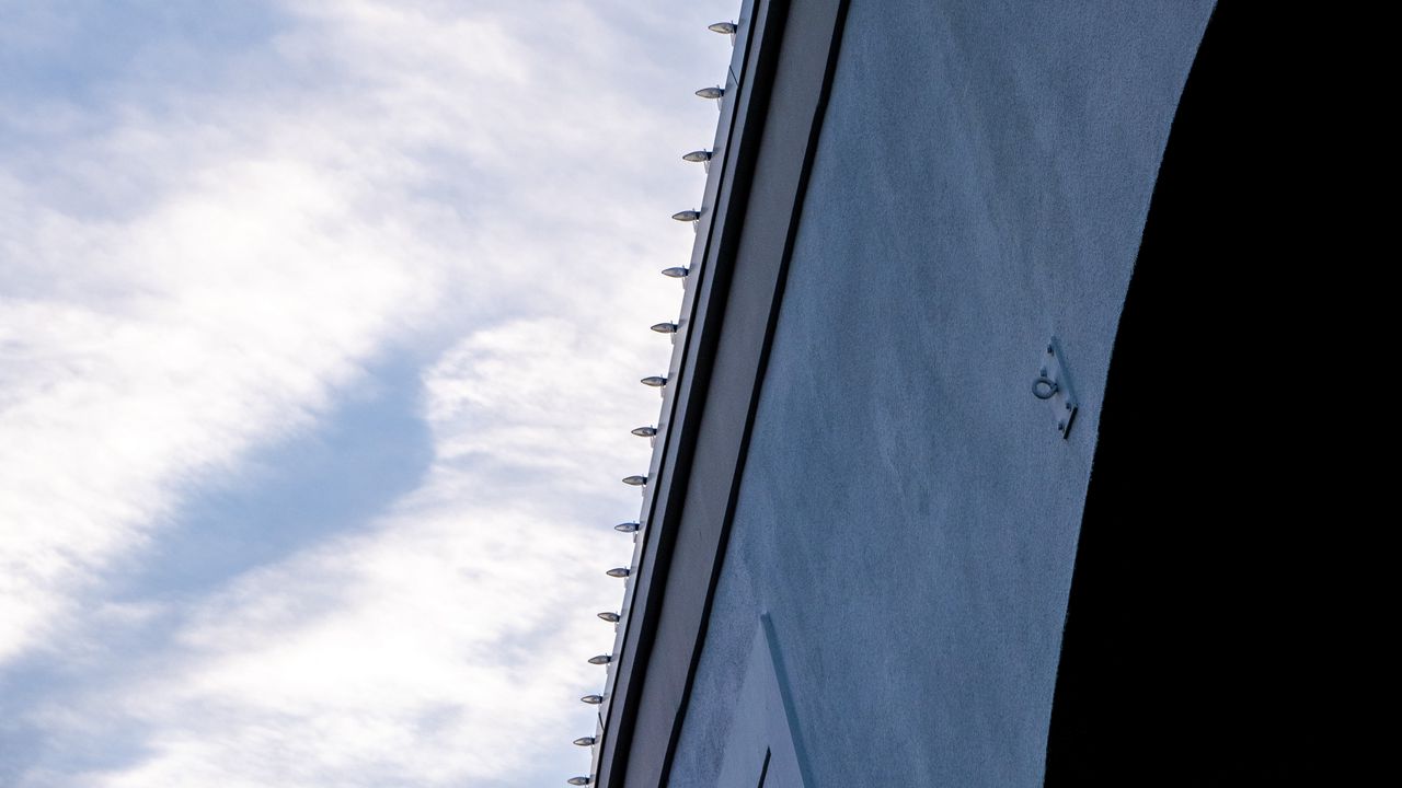 Wallpaper building, facade, sky, bottom view, blue