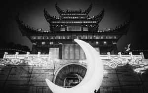 Preview wallpaper building, pagoda, architecture, asia, moon, black and white