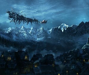 Preview wallpaper christmas, sleigh, flying, santa claus, city, mountain, holiday