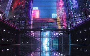 Preview wallpaper city, buildings, bridge, reflection, purple, dark
