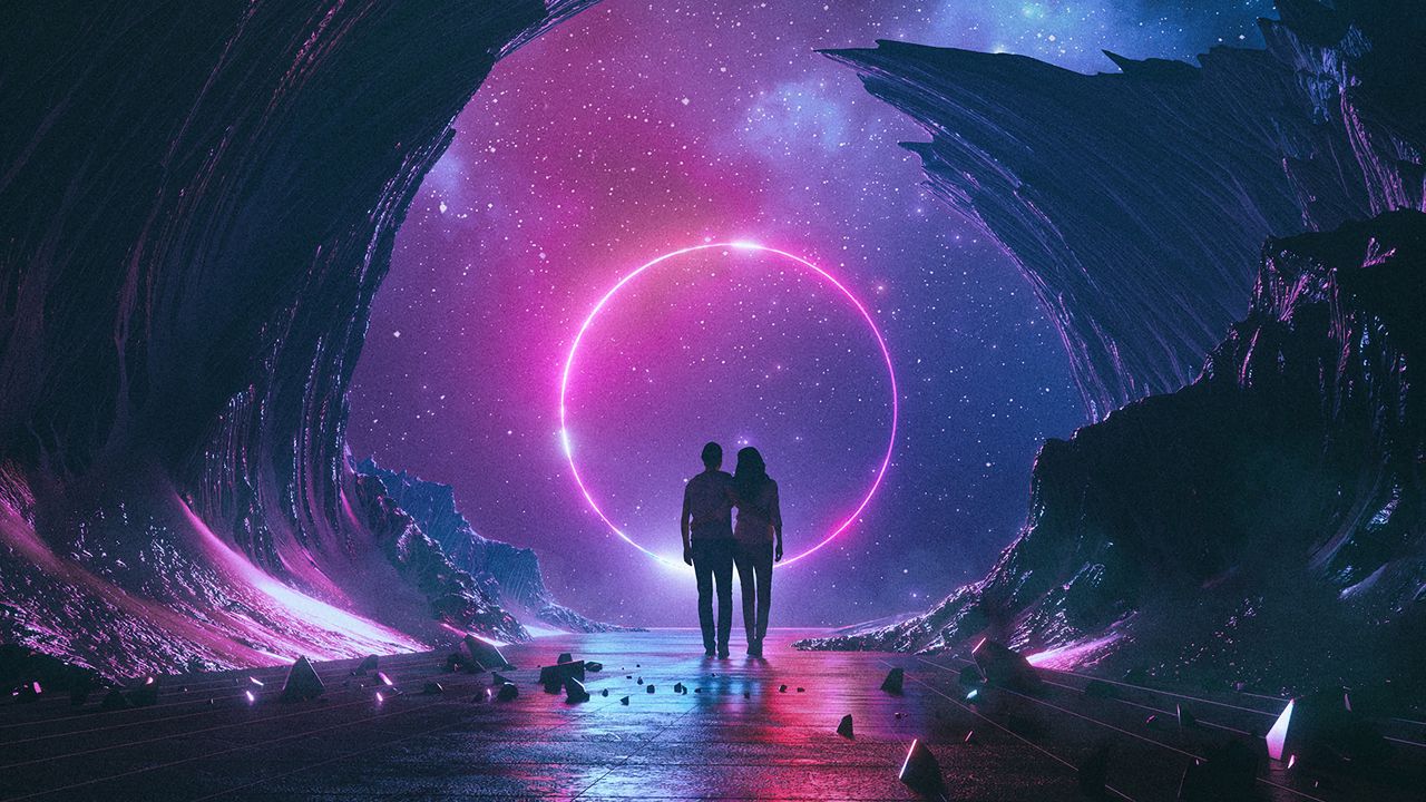Wallpaper couple, starry sky, art, space, hugs
