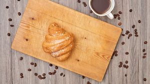Preview wallpaper croissant, pastries, board, coffee, beans, breakfast, dessert