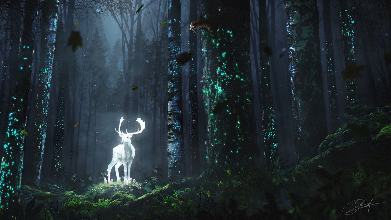 Wallpaper deer, forest, night, glow, art, grass, trees, leaves