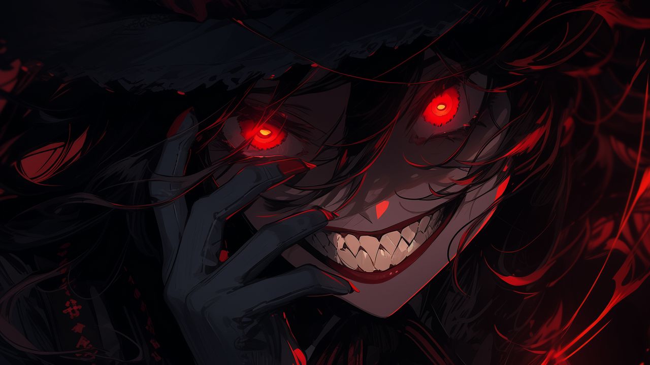 Wallpaper demon, smile, evil, anime, art, red