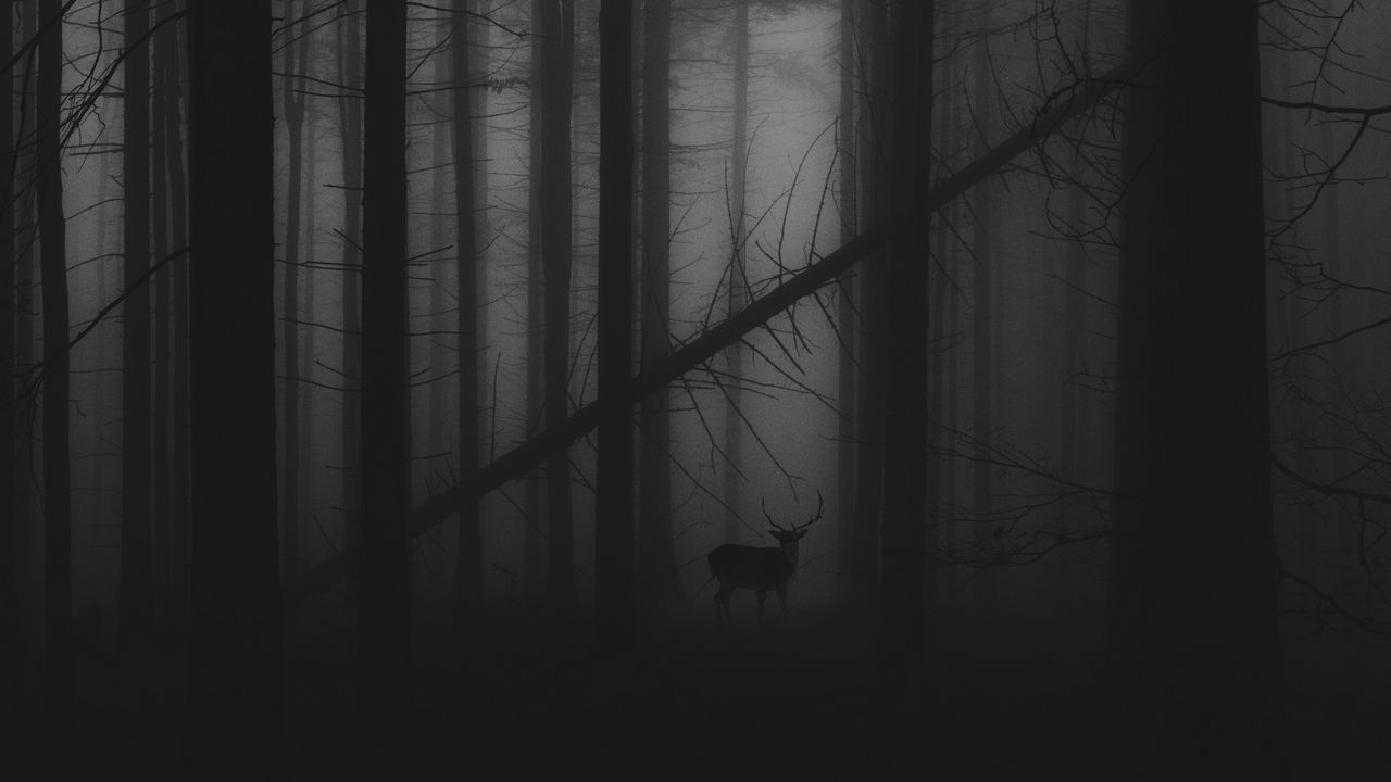 Wallpaper forest, fog, deer, bw, gloomy