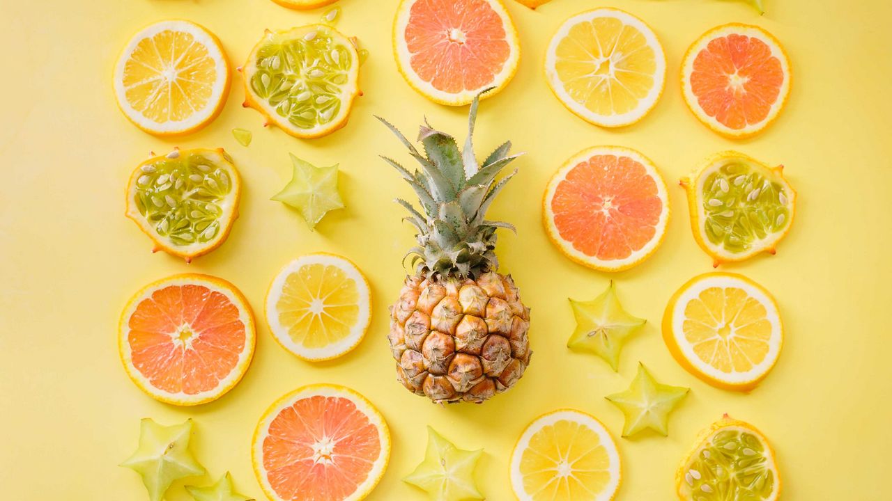 Wallpaper fruit, citrus, pineapple, yellow, lemon, orange