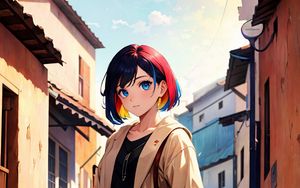 Preview wallpaper girl, bag, buildings, street, anime, art