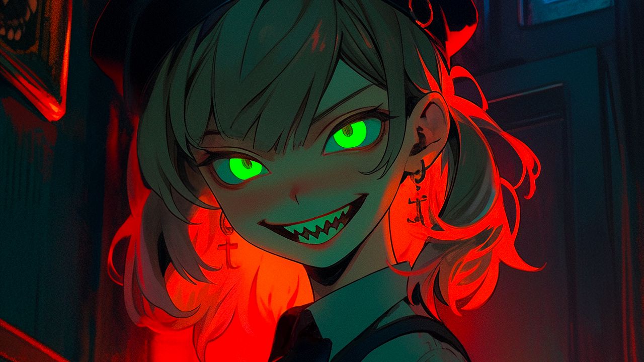 Wallpaper girl, demon, teeth, art, anime