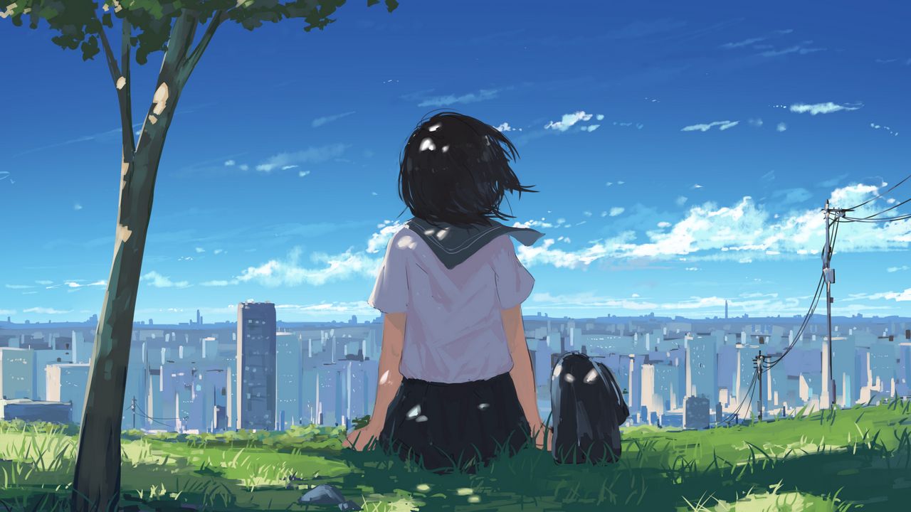 Wallpaper girl, grass, city, anime, art, cartoon