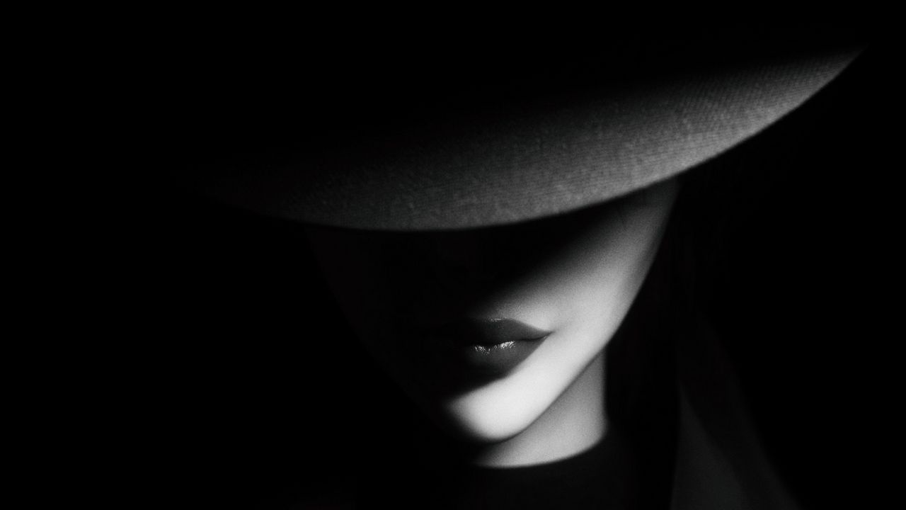 Wallpaper girl, hat, bw, dark, shadows