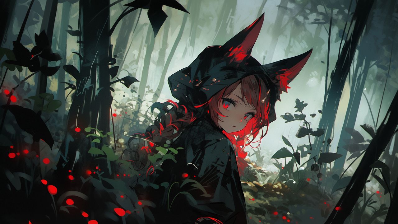 Wallpaper girl, hood, ears, forest, flowers, dark, anime
