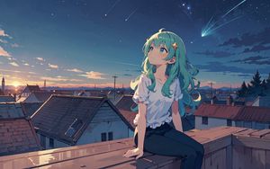 Preview wallpaper girl, houses, roofs, stars, night, anime, art