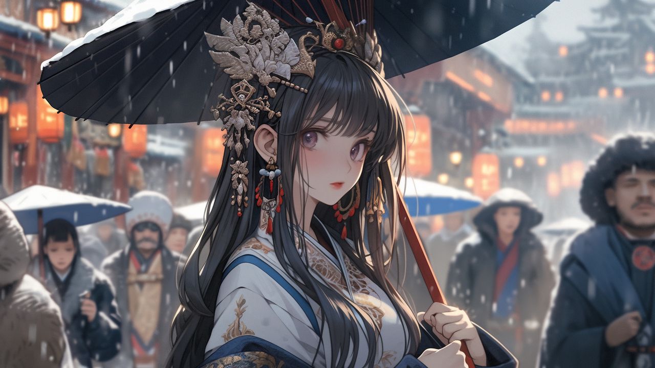 Wallpaper girl, jewelry, umbrella, kimono, anime, snow