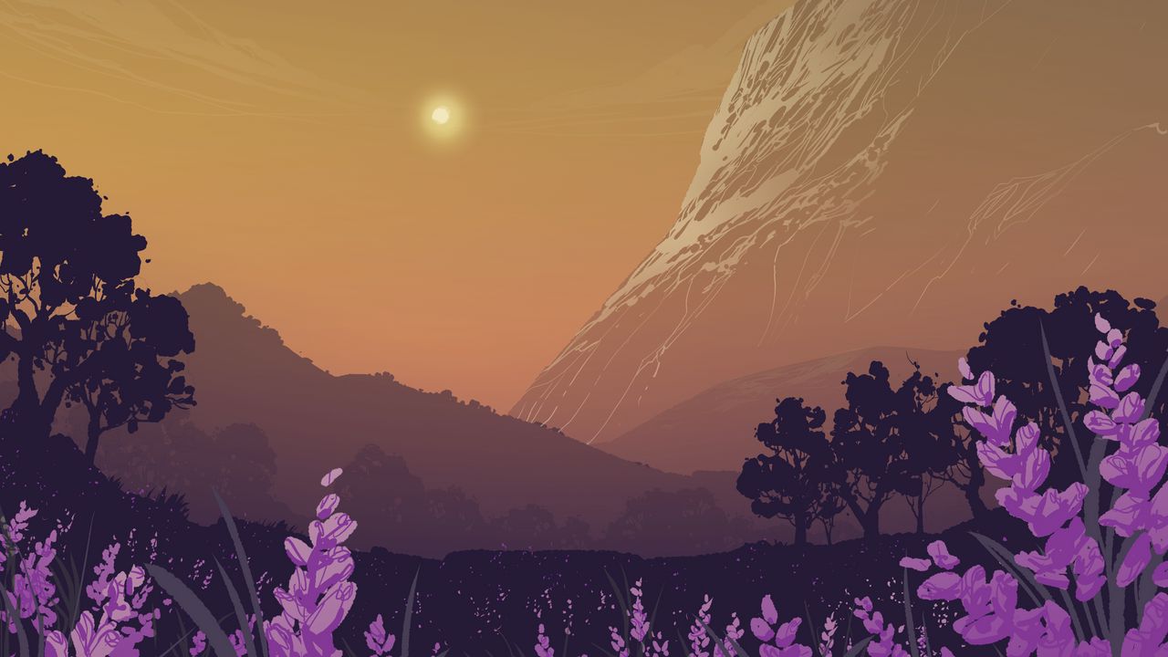 Wallpaper landscape, mountains, art, lavender, flowers, trees, sun