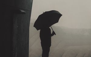 Preview wallpaper man, silhouette, umbrella, pipes, fog, dark