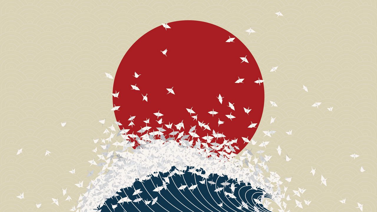 Wallpaper minimalism, origami, japan, rising sun, wave