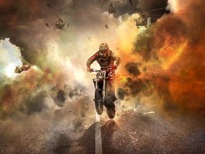 Preview wallpaper motorcyclist, motorcycle, helicopters, sparks, fire, road