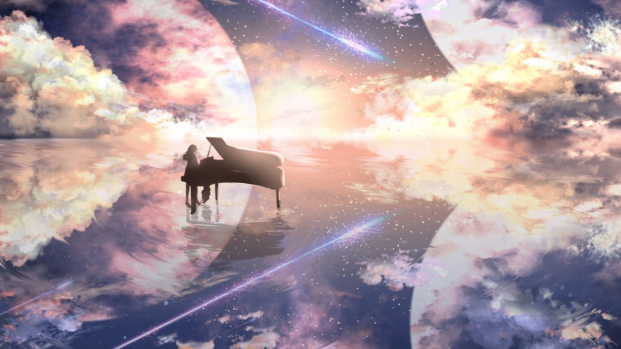 Wallpaper piano, silhouette, space, illusion, anime