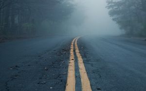 Preview wallpaper road, asphalt, fog, trees