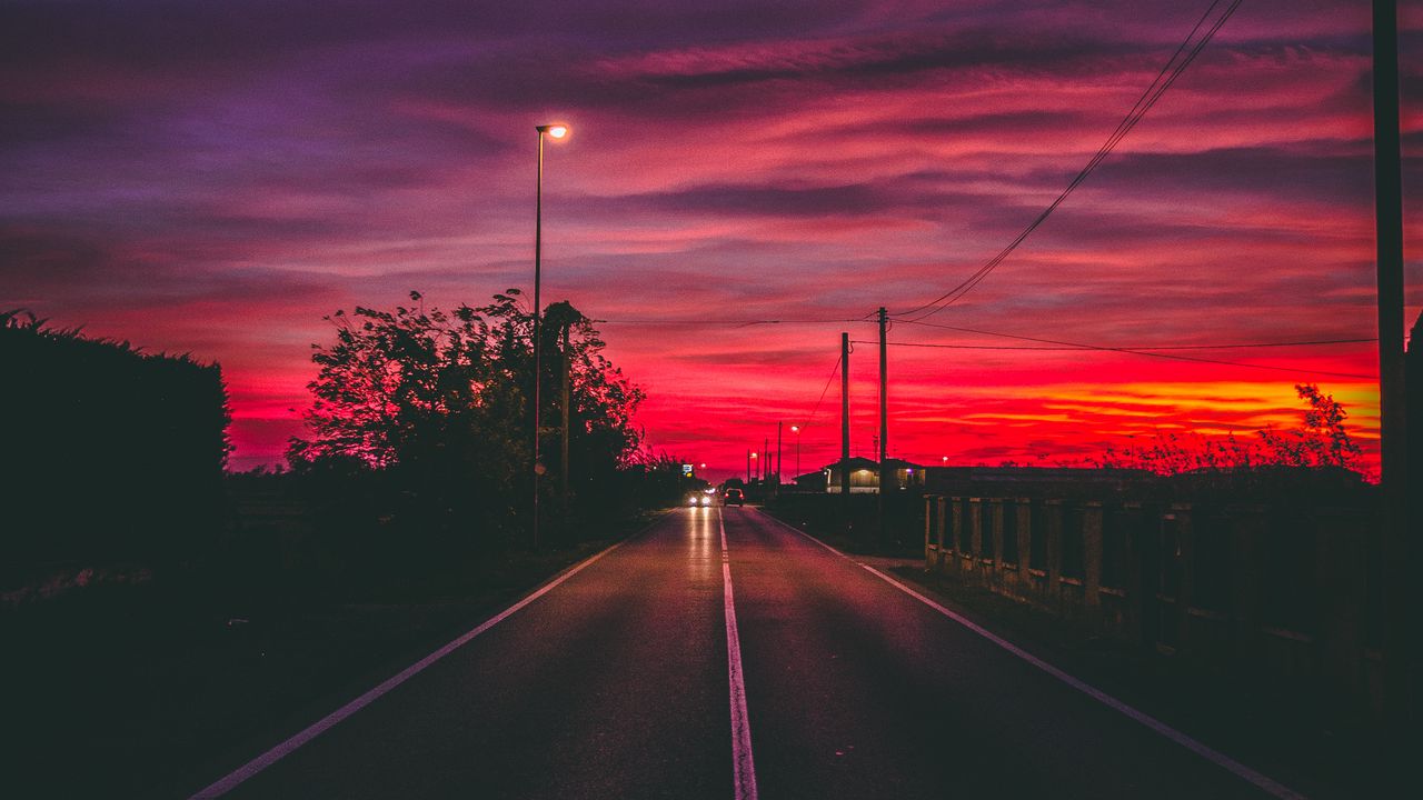 Wallpaper road, sunset, horizon, marking