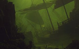 Preview wallpaper ship, sail, underwater, green, dark