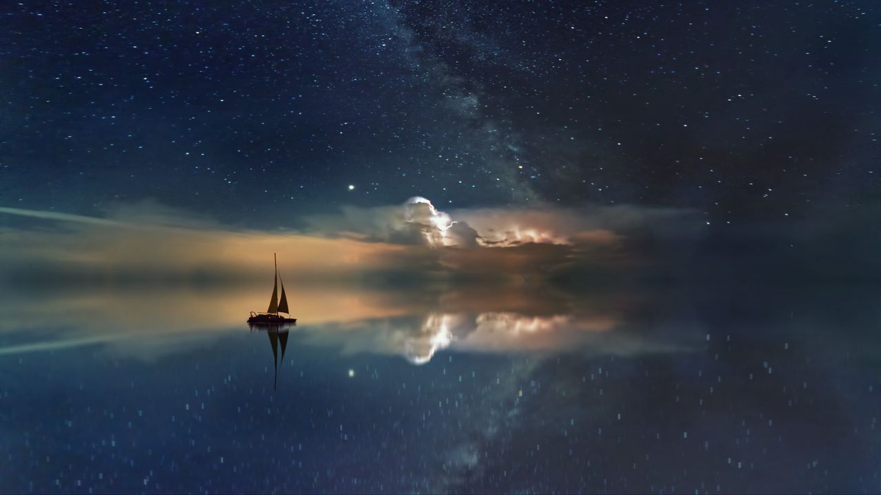 Wallpaper starry sky, boat, reflection, sail, night