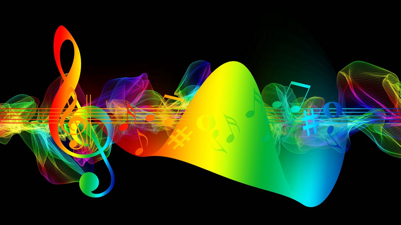 Wallpaper treble clef, musical notes, multicolored, rainbow