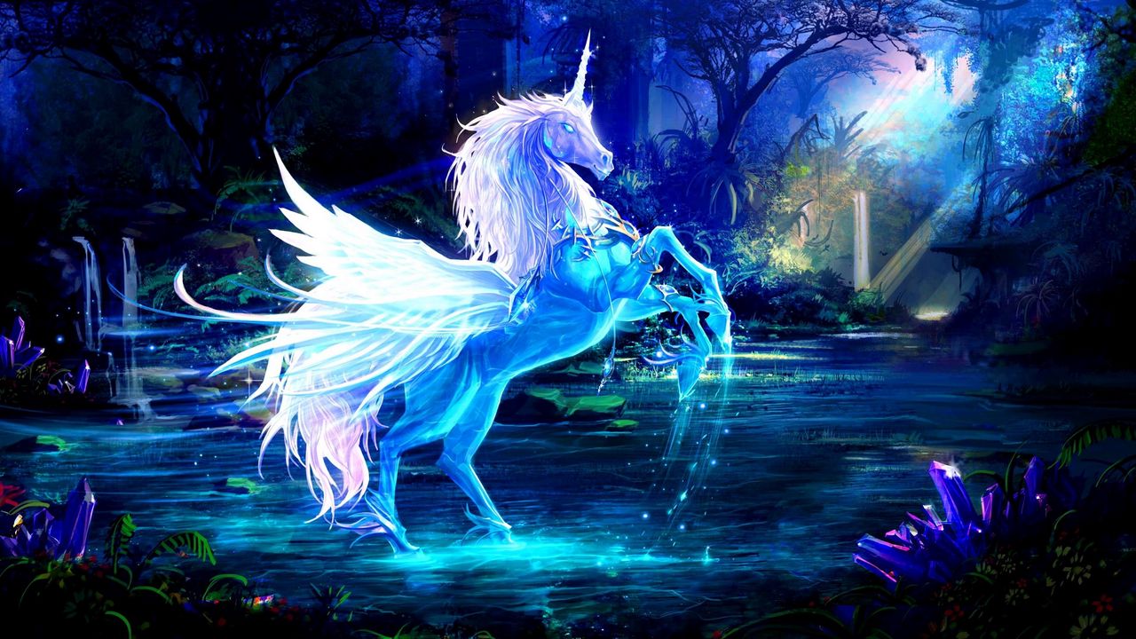 Wallpaper unicorn, water, forest, night, magic